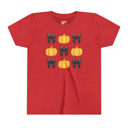 Youth Softball Bows and Pumpkins Short Sleeve Tee