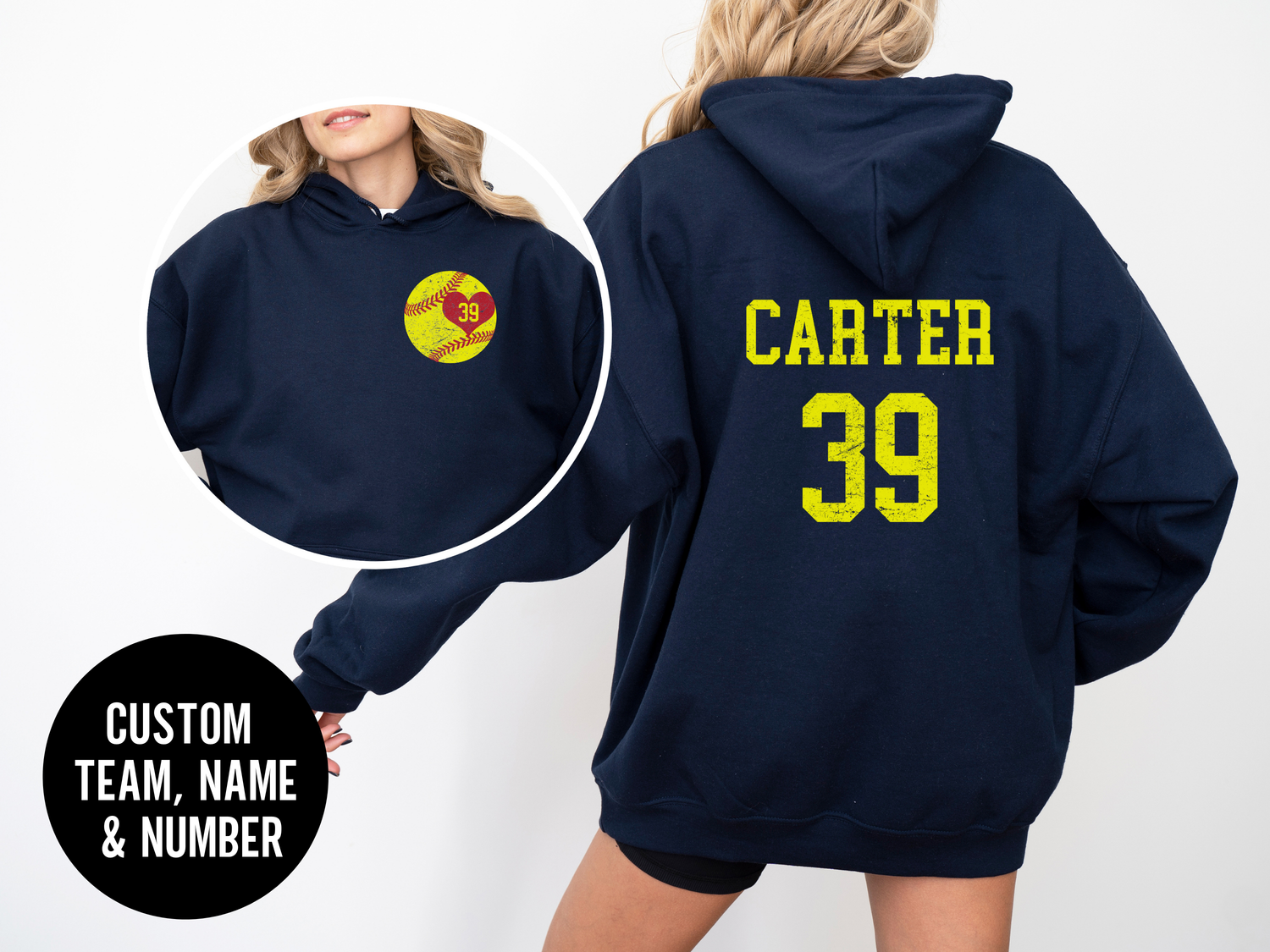 Custom Softball Heart Player Name &amp; Number Hoodie