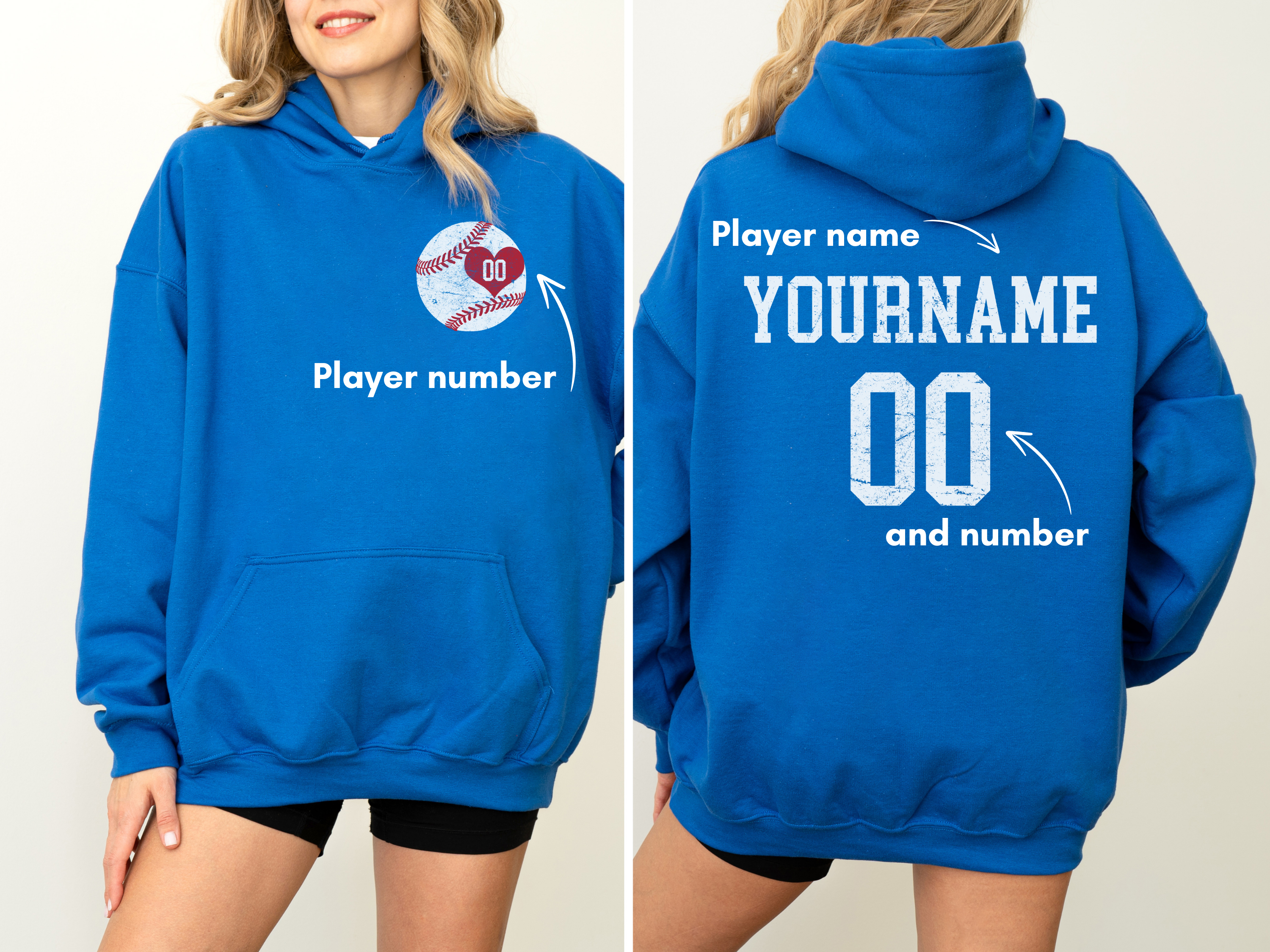 Custom Baseball Heart Player Name &amp; Number Hoodie