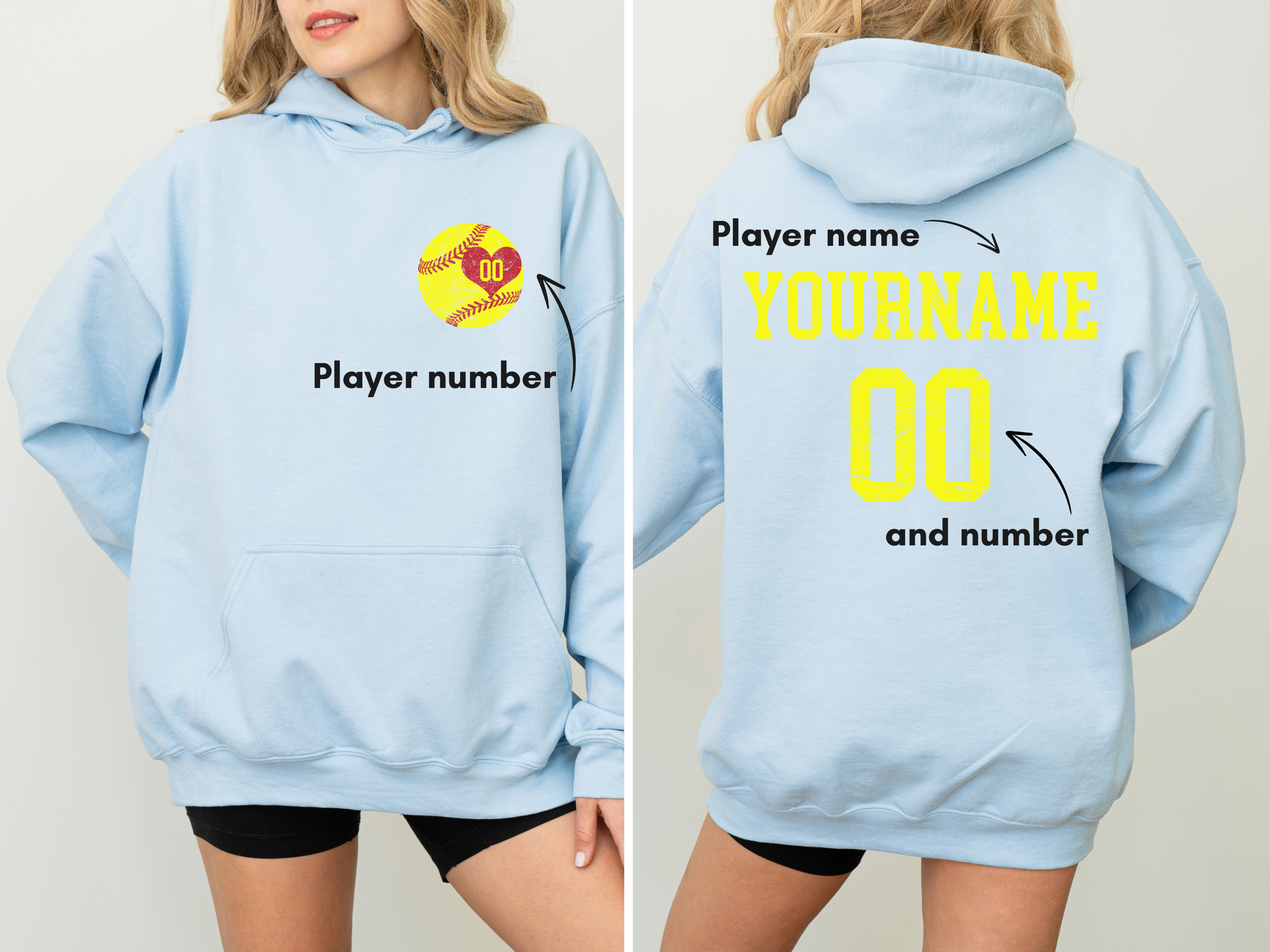 Custom Softball Heart Player Name &amp; Number Hoodie